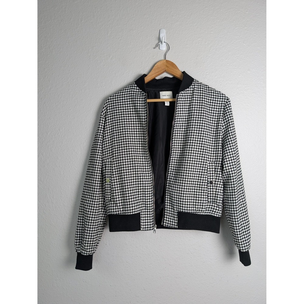 NINE WEST Black Houndstooth Bomber Jacket Womens XS‎ Full Zip Pockets Lined
